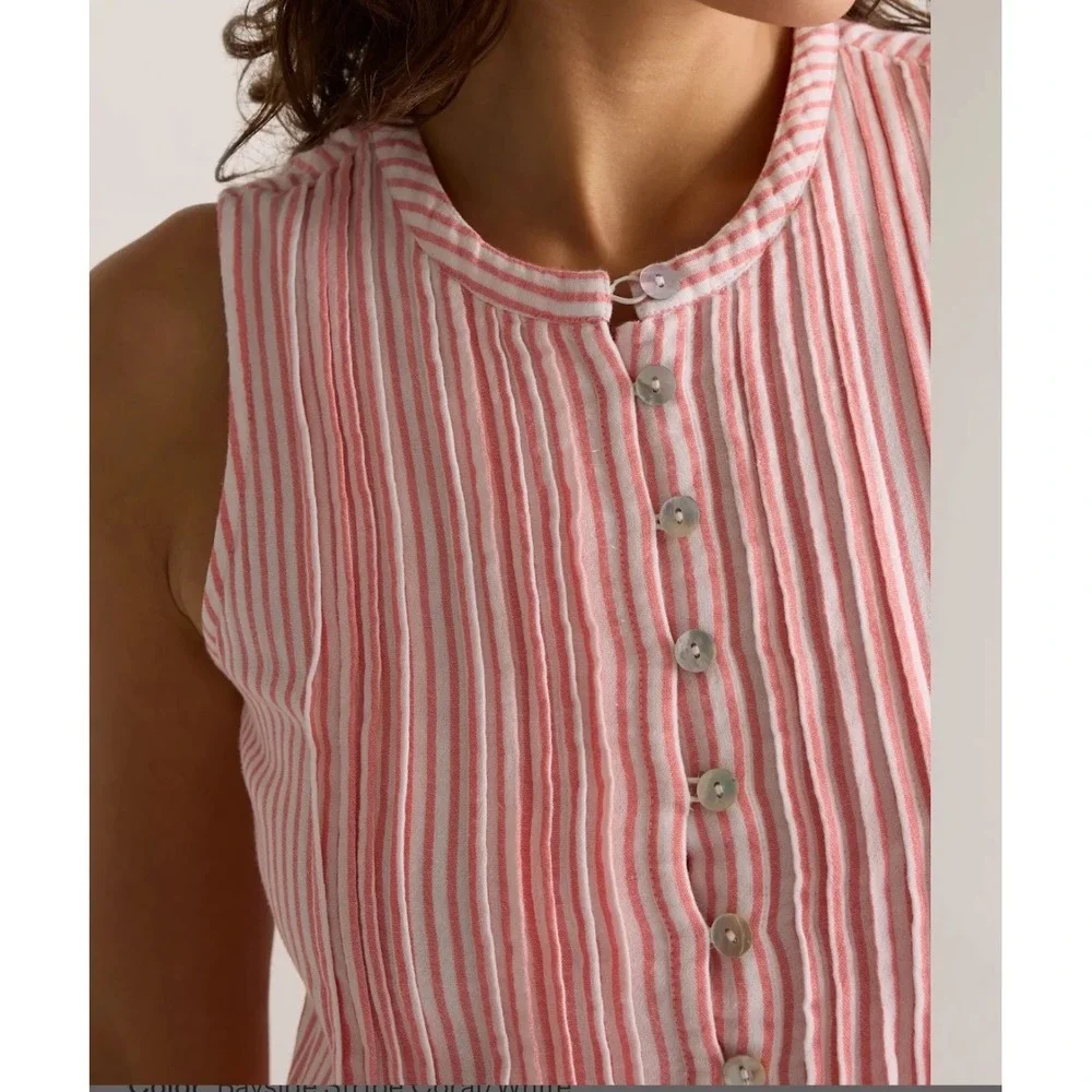 Quince Organic Cotton Gauze Sleeveless Swing Dress Bayside Stripe Coral White S